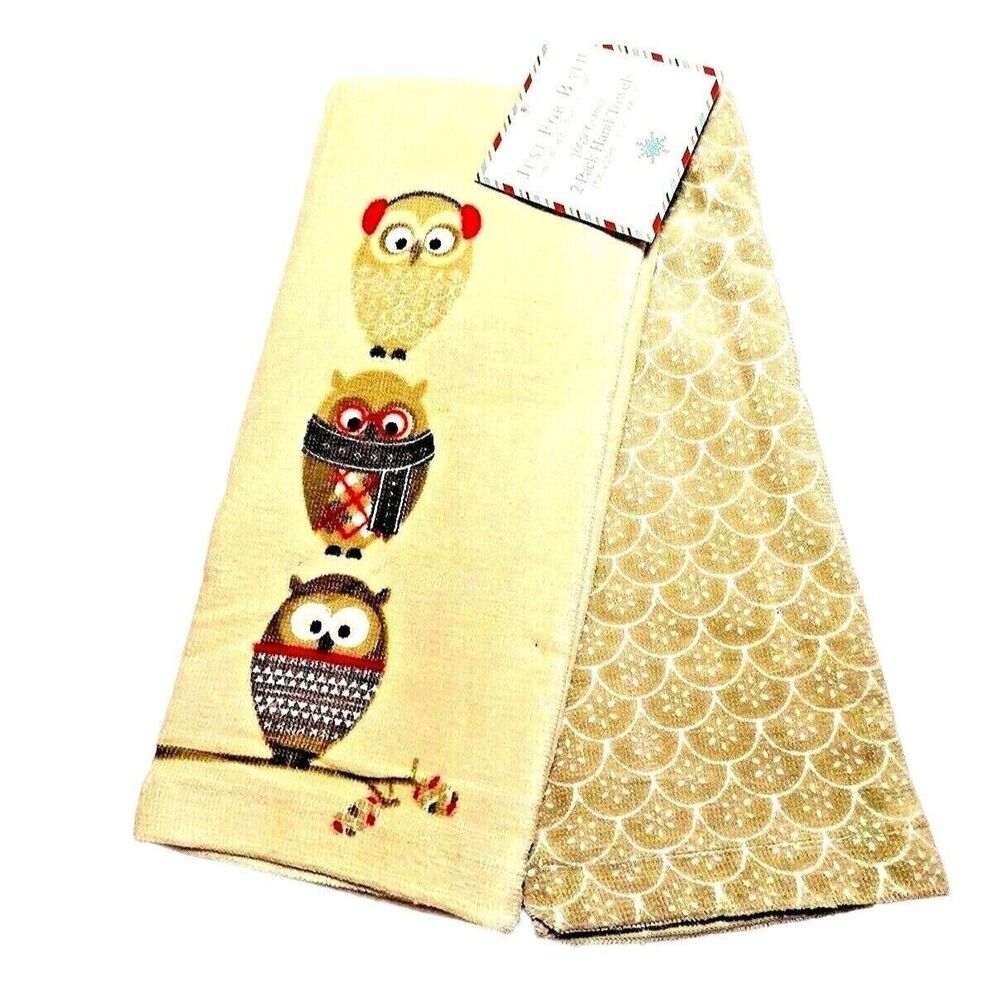 Festive Owls Kitchen Towels Brown Cream Tan Winter 2-pc Holiday Home Gift NEW